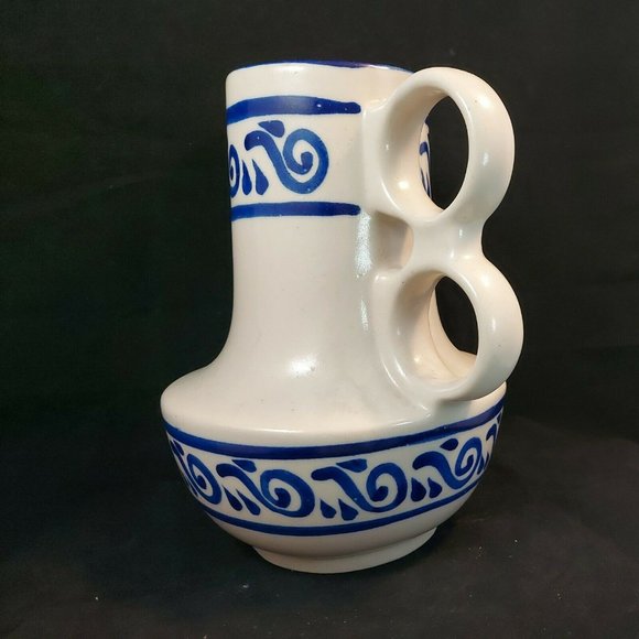 Rare Salt Glaze Stoneware 8" tall Pitcher w/ Double Ring Handles Cobalt Blue des - Picture 3 of 6